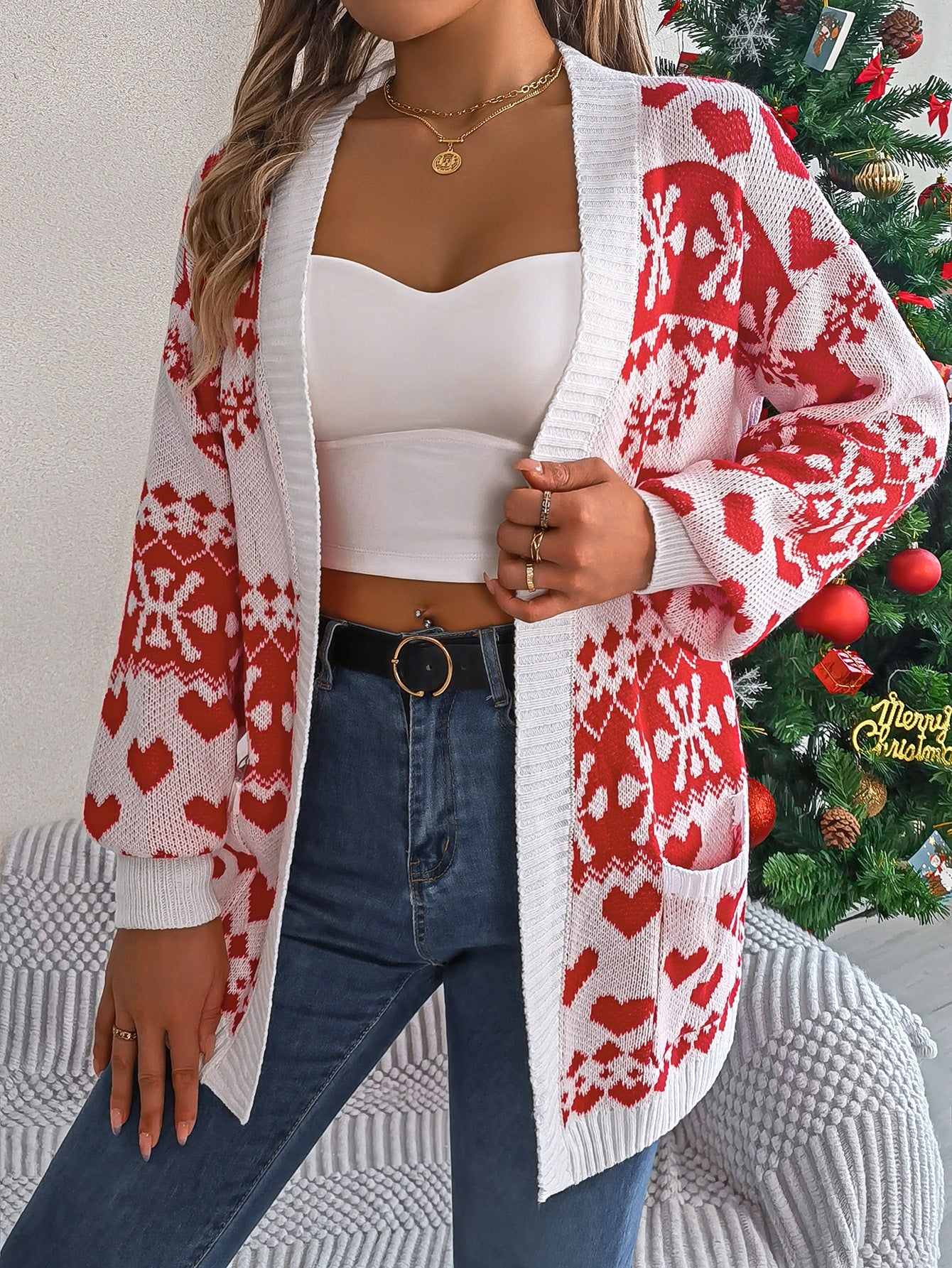 Christmas Clothes Open Front Cardigan Knitwear Lantern Sleeve Xmas Printed Oversized Deer Sweater Pockets Knitted