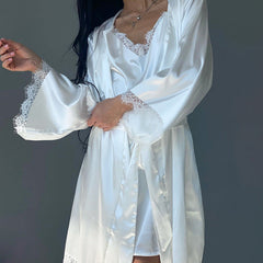 Comfortable Breathable Ice Silk Pajamas Cardigan Lace-up Nightdress Home Wear Two-piece Set