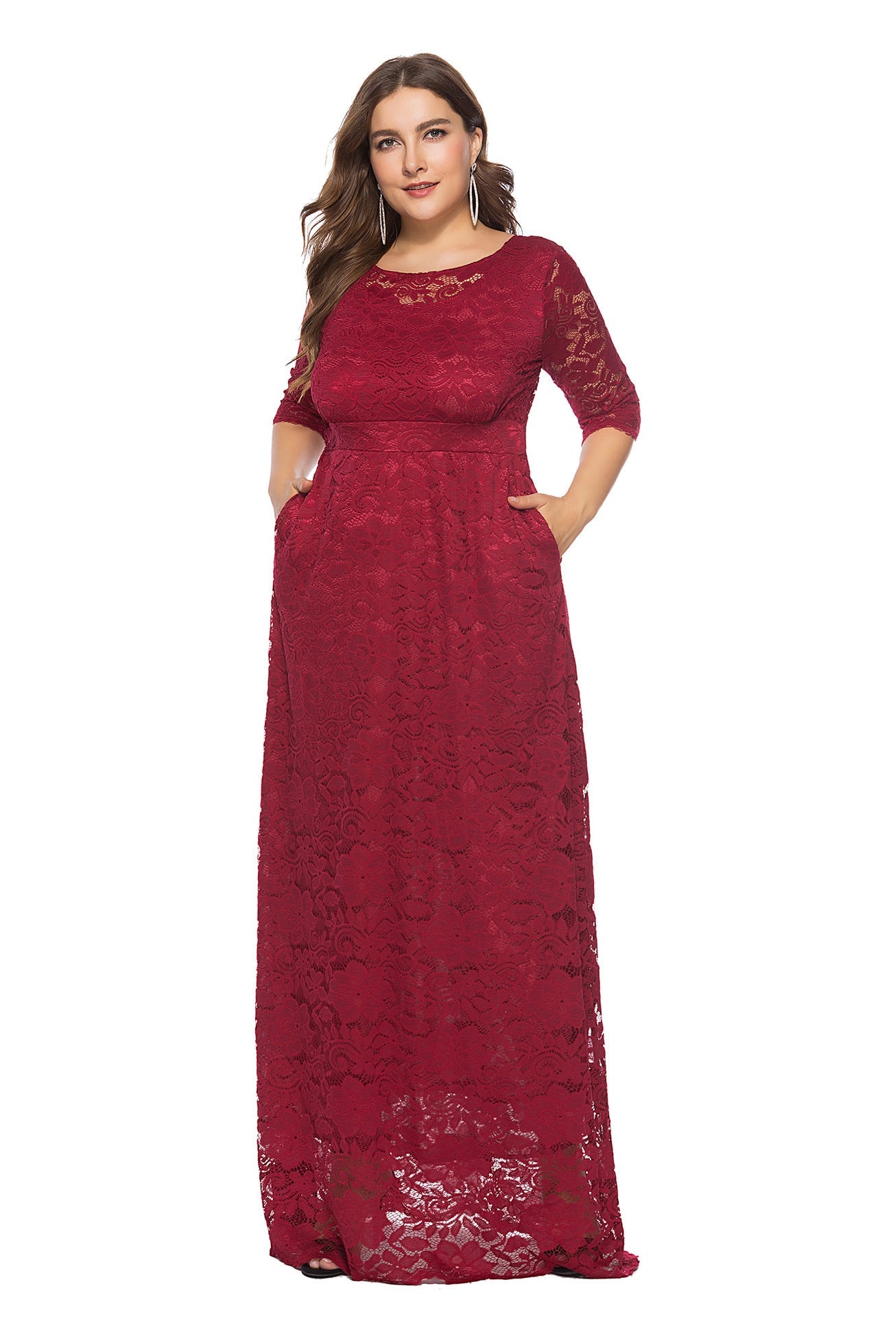 Plus Size Hollow Lace Pocket Dress