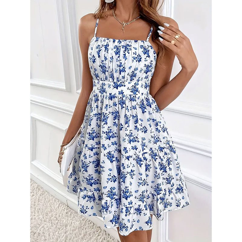 Womens Floral Print Smocked Mini Dress Sleeveless Spaghetti Strap Slim Fit Flowy Dresses