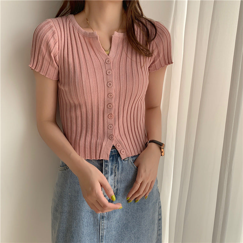 Style High Waist Cropped Short Slim Top Short Sleeve Knitted Cardigan