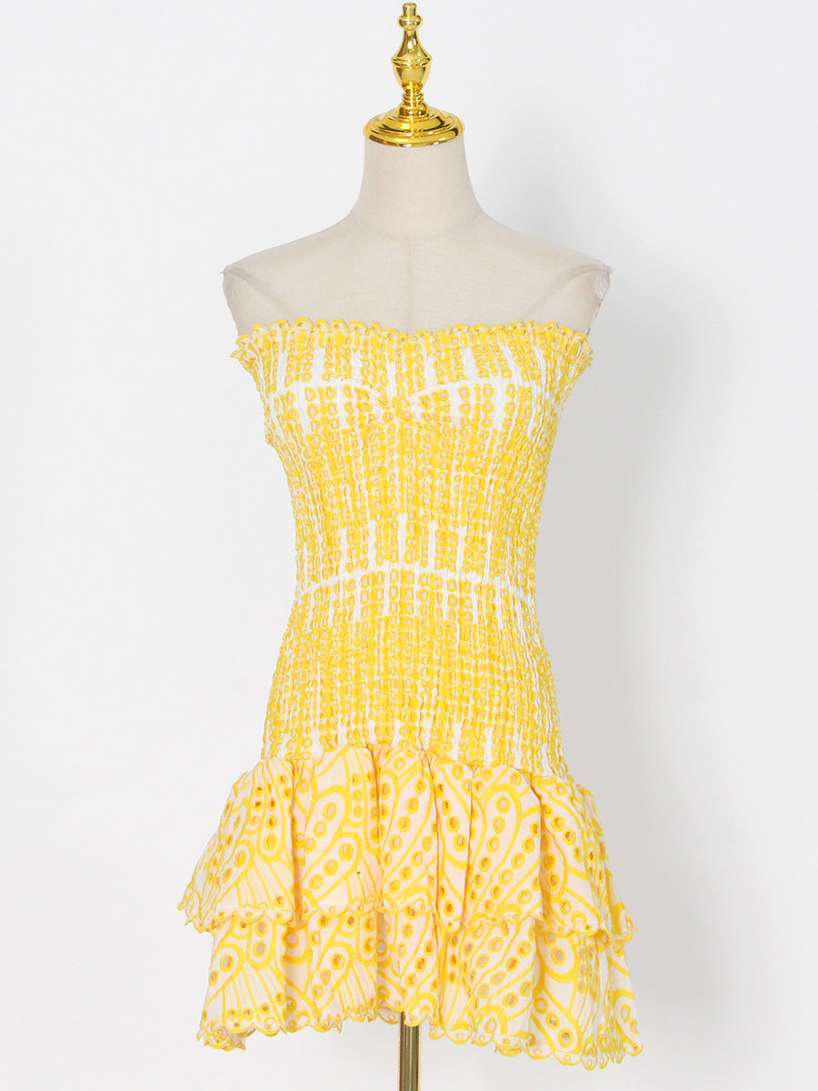 Y2K Tube Top Pleated Mini Dress â€?INS Printed A-Line Beach Party Dress for Women