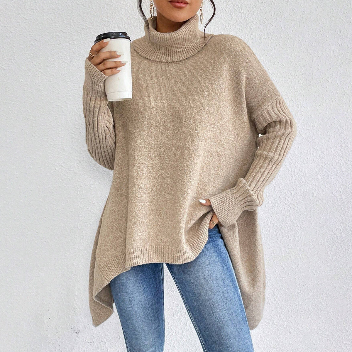Irregular Turtleneck Sweater Loose Long Sleeve Knitted Tops Leisure Warm Pullover Sweater Clothing