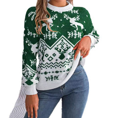 Casual Deer Pattern Long Sleeve Hoodie Sweater Christmas For Red Green Knitted Pullover Jumper