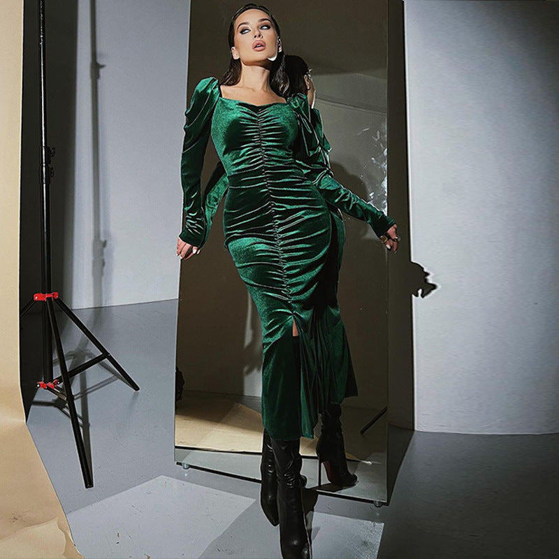 Pleated Slim Fit Slit Long-sleeved Dress