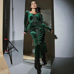 Pleated Slim Fit Slit Long-sleeved Dress