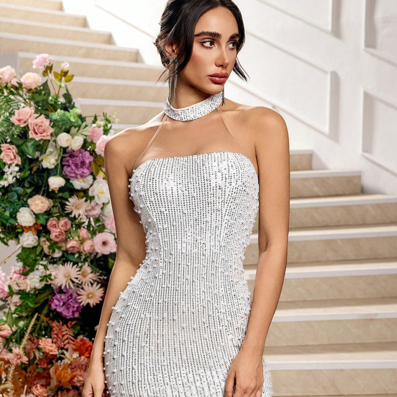 Solid Color Hollow-out Lace Evening Dress