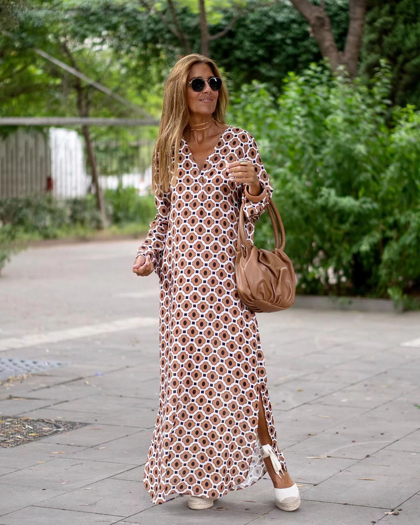 Geometric Printed V-neck Long Dress Long Sleeve Slit Dresses For Women