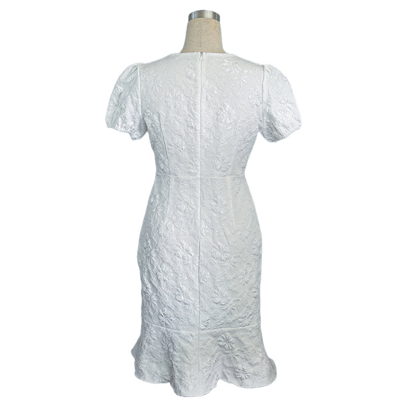 Floral Jacquard Dress Short Puff Sleeve Crew Neck Ruffle Hem Bodycon Dresses