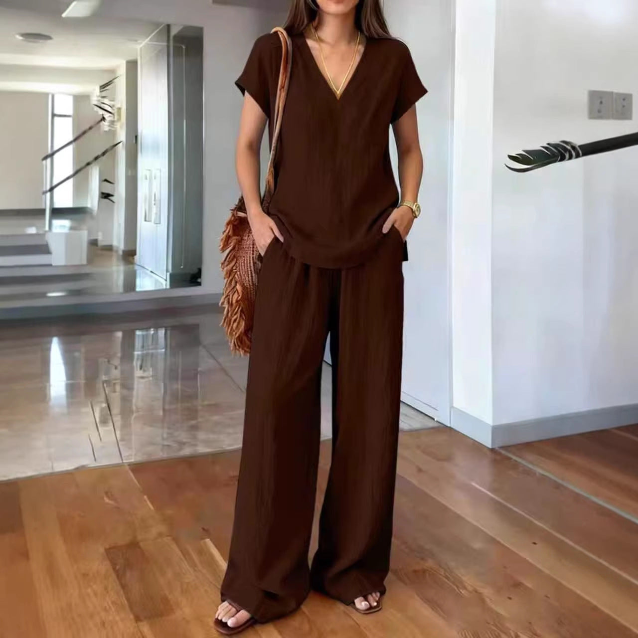 V-neck Short-sleeve T-shirt And Wide-leg Pants Womens Suit