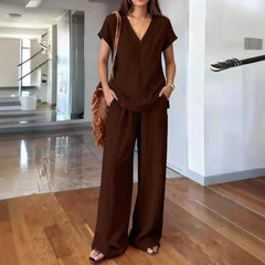 V-neck Short-sleeve T-shirt And Wide-leg Pants Womens Suit