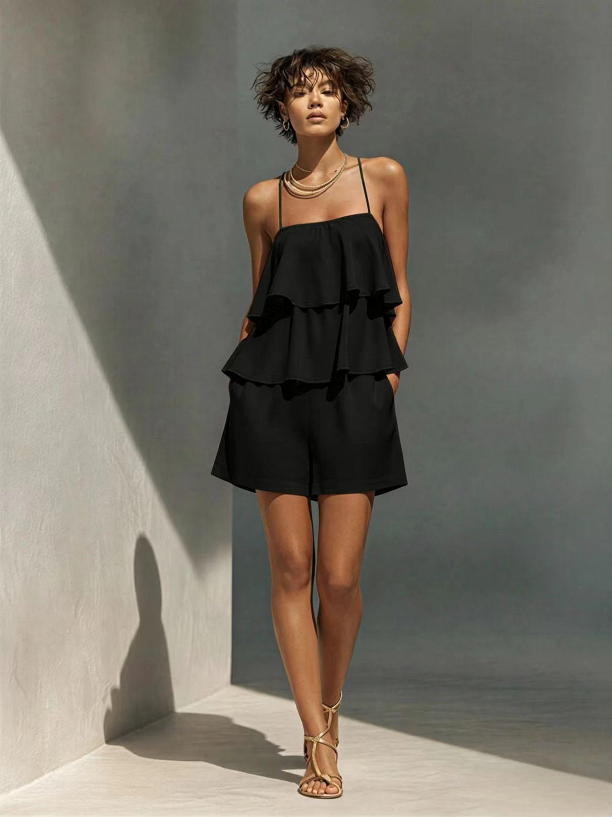 Multi-layer Ruffle Loose Camisole And Shorts Set