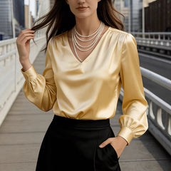 Elegant Solid Color V-neck Long Sleeved Pleated Top With Temperament For Commuting And Loose Fitting Shirt
