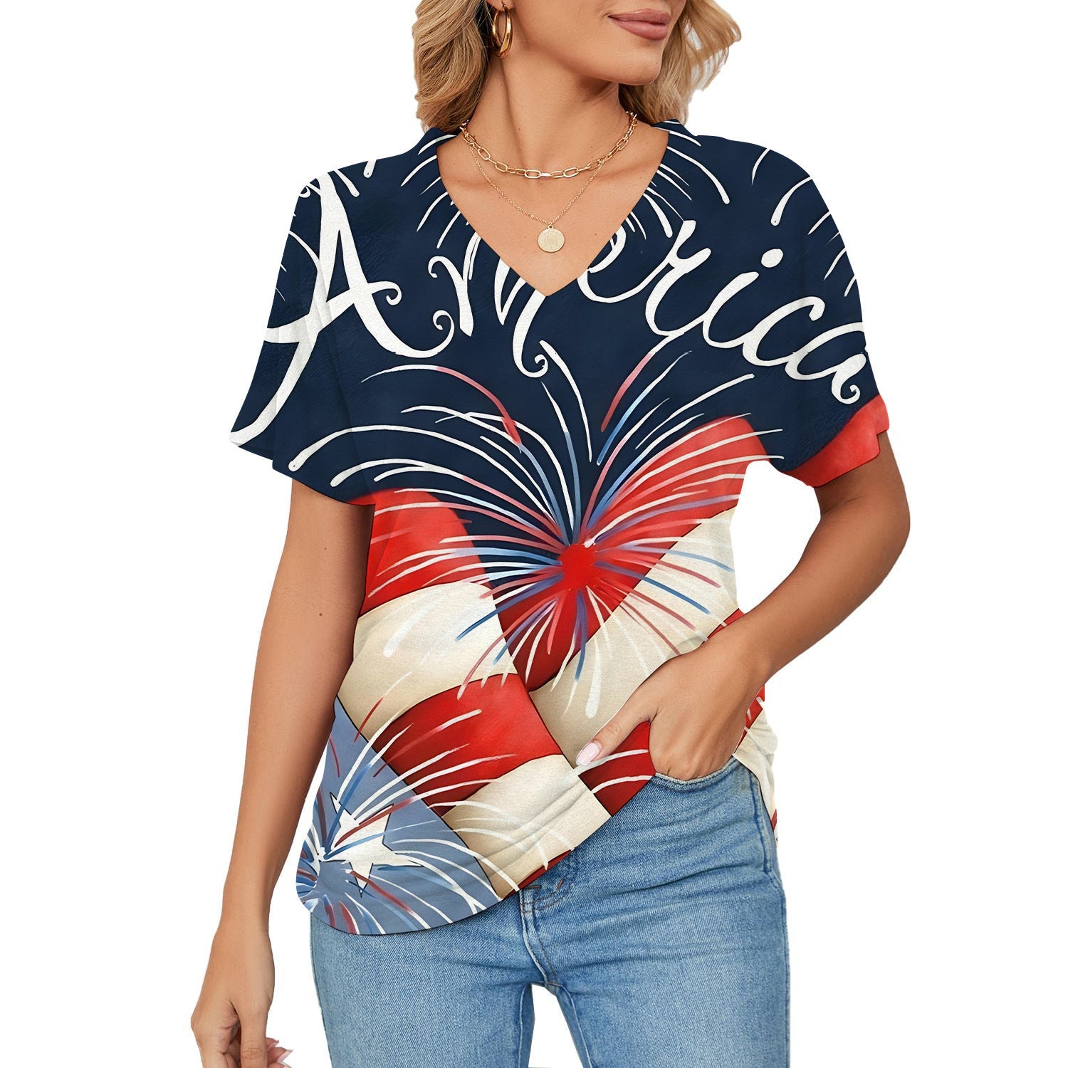 T-shirt, Natural Plant And Floral Print, Casual V-neck Short Sleeves