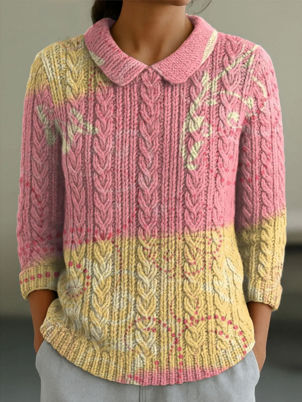 And Doll Collar Knitted Jacquard Fabric French Retro Printed Top