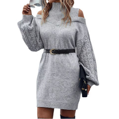 Loose Mid-length Sweater Half Turtleneck Off-the-shoulder Long Sleeve Knitted Dress