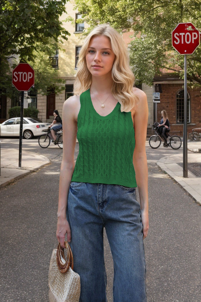 V-neck Tank Vest Casual Knitted Solid Color Tops