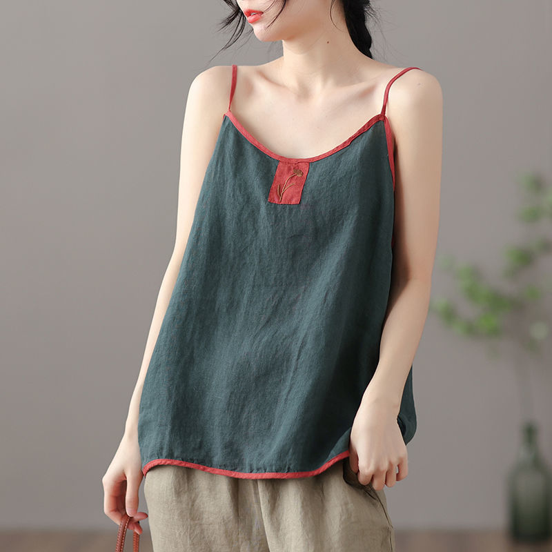 Thin Cotton Linen Top Ladies Embroidered Vest