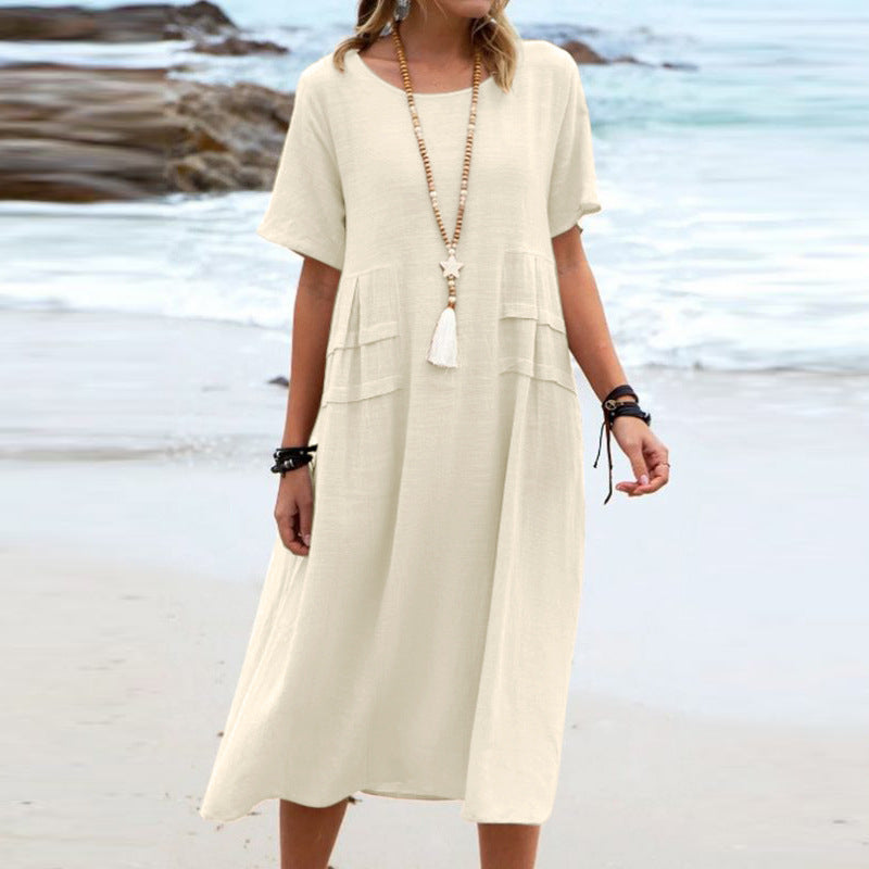 Cotton Linen Midi Dress â€?Loose Fit, Breathable, Casual Beach Style