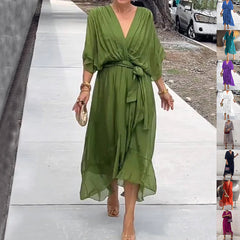 Batwing Sleeve V-neck Dress Pure Color Tied Irregular Long Dresses Womens Clothing