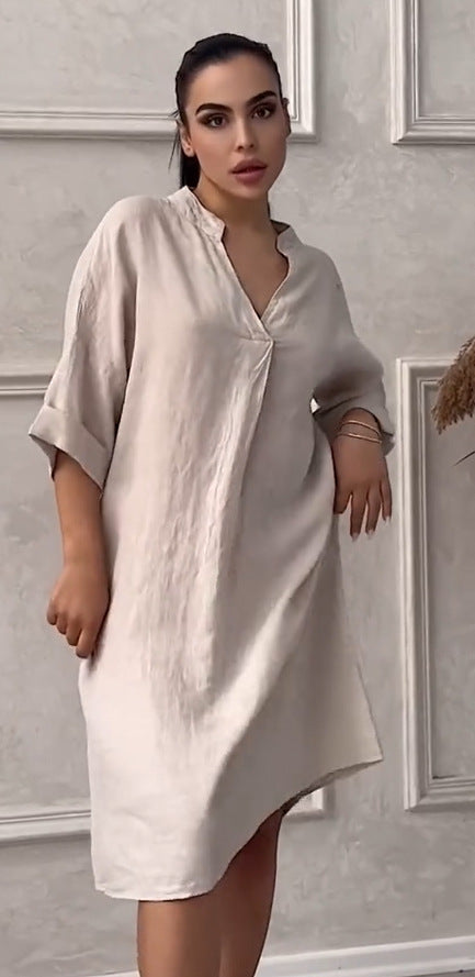 Cotton Linen V-neck Loose Plus Size Dress
