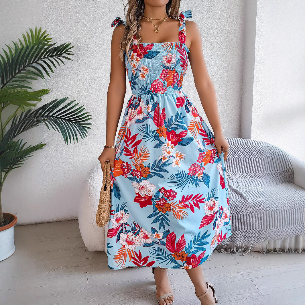 Flowers Print Suspender Corset Dress Ins Holiday Beach Long Dresses Clothing For Women