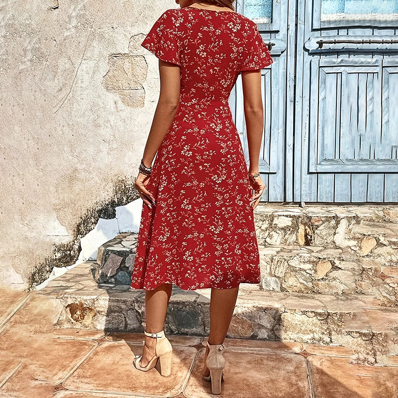 Floral Print Maxi Dress Button Up Split Long Flowy Bohemian Beach Party Dresses