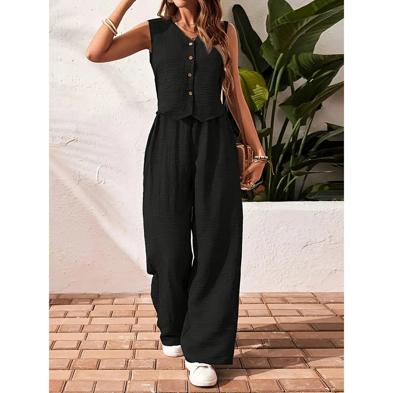 Womens Two Piece Outfits Button V Neck Crop Vest Blazer And Wide Leg Pants Suit Matching Sets