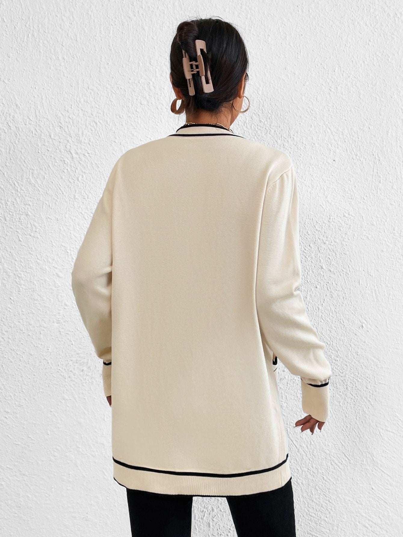 Striped Trim Dual Pocket Cardigan Long Sleeve Tops