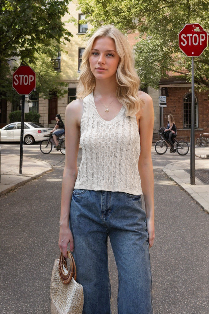 V-neck Tank Vest Casual Knitted Solid Color Tops