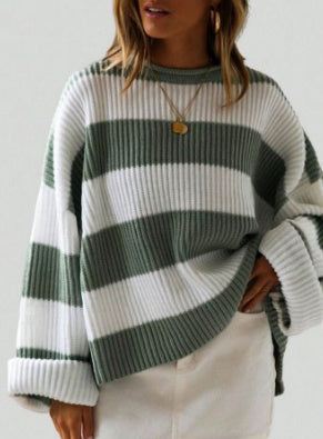 Loose Striped Sweater Casual Long Batwing Sleeve Round Neck Pullover Knit Tops Clothing