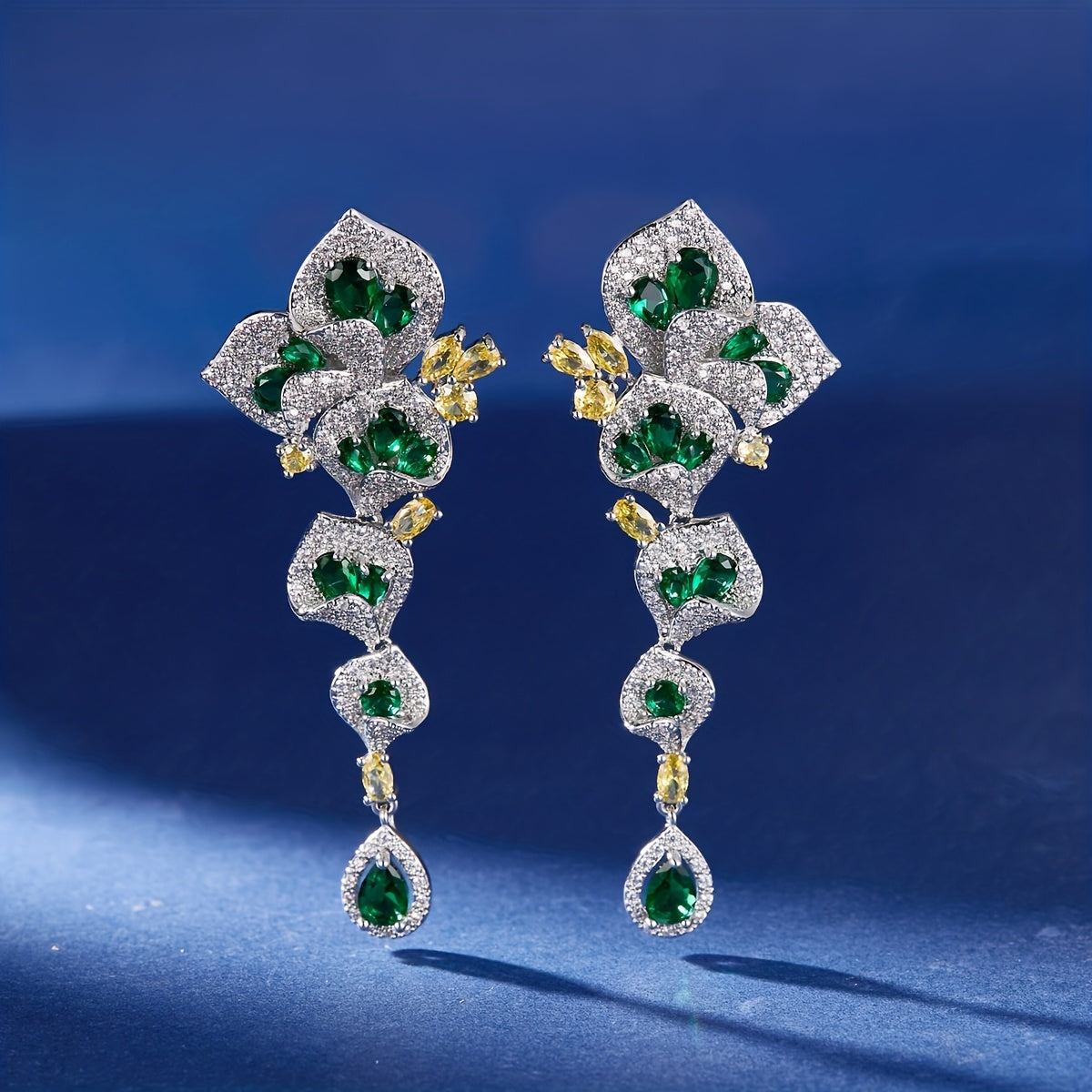 1 Pair Gorgeous Long Dangle Flower Earrings, Cubic Zirconia Earrings For Women, Party Prom Dress Jewelry, Birthday Holiday Gift