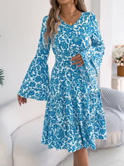 Vintage Bell Sleeve Ruffle Trim Tie Waist A-Line Dress