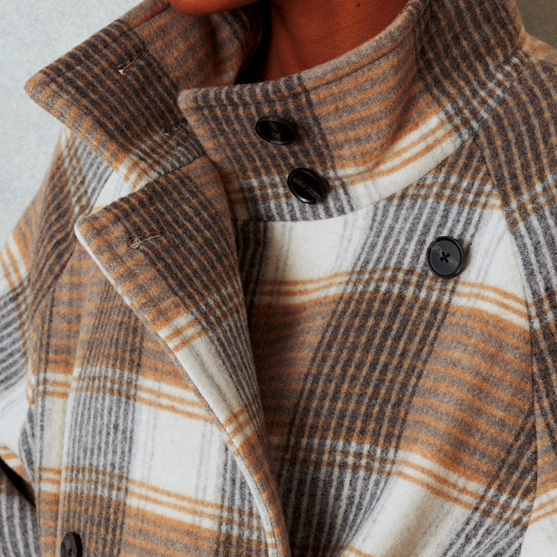 Contrast Color Plaid Coat Waist-tied Coat