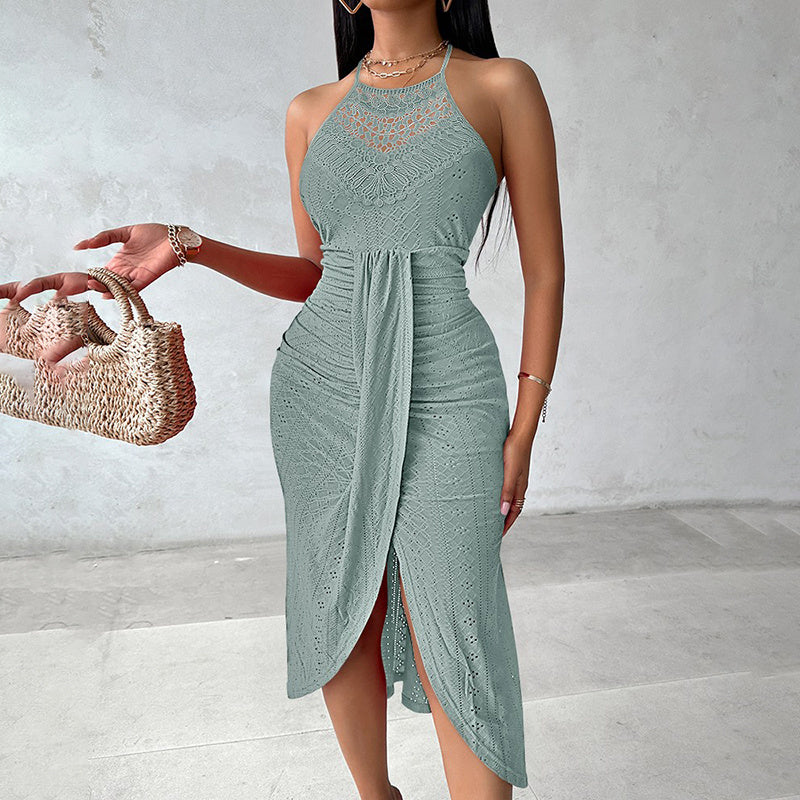 Halter Neck Ruched Bodycon Midi Dresses Elegant Sleeveless Cocktail Party Dress
