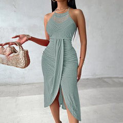 Halter Neck Ruched Bodycon Midi Dresses Elegant Sleeveless Cocktail Party Dress