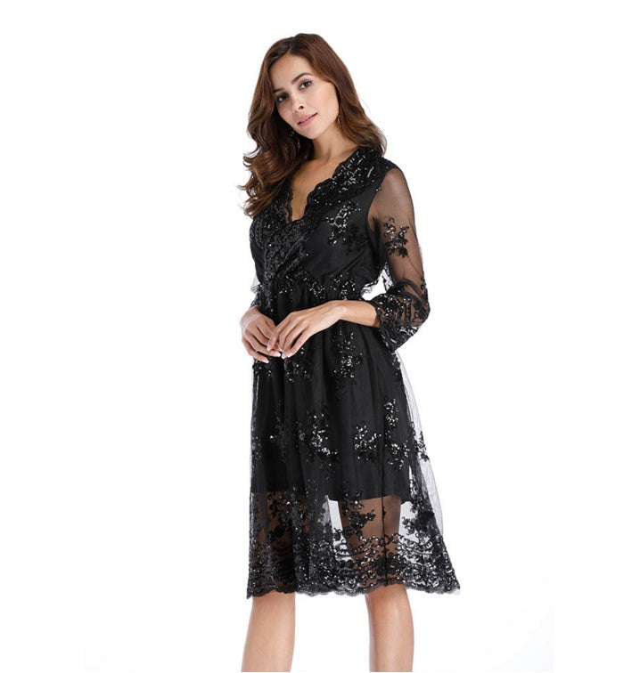 Simplee V long neck party dresses mesh streetwear Christmas MIDI dress female dress