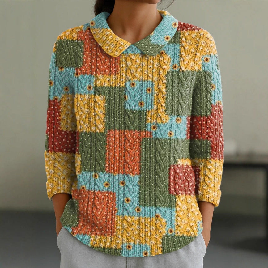 And Doll Collar Knitted Jacquard Fabric French Retro Printed Top