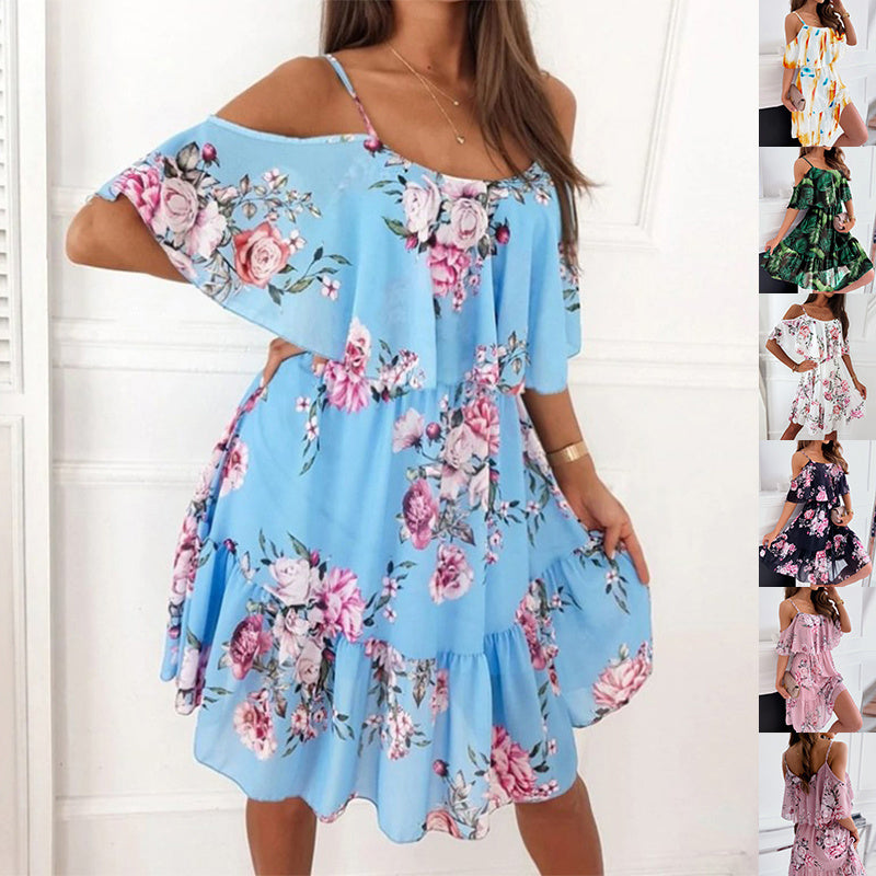 Flower Printed Ruffled Suspender Dress â€?Off-the-Shoulder Strap Dress