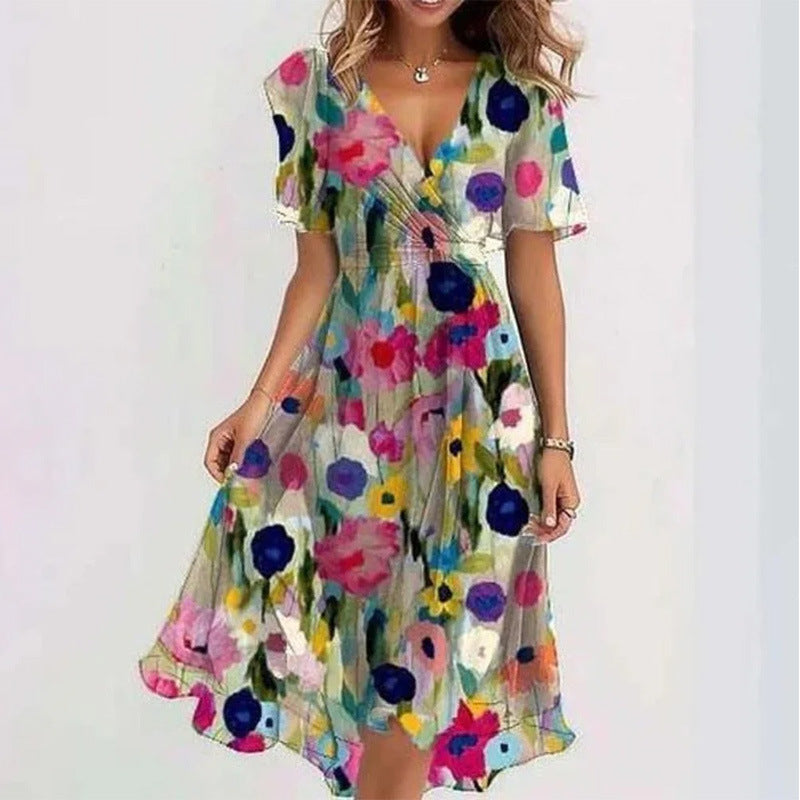 Flowers Printed V-neck Dress A-line Short-sleeved Dresses For Women