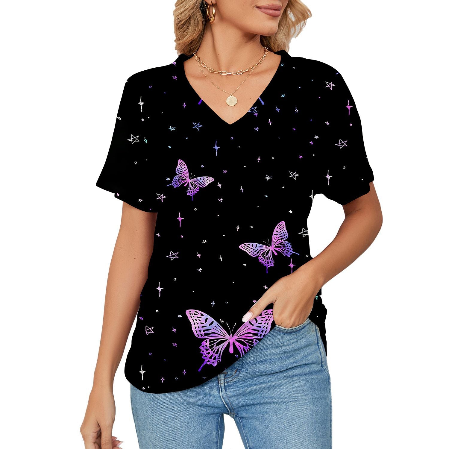 T-shirt, Natural Plant And Floral Print, Casual V-neck Short Sleeves