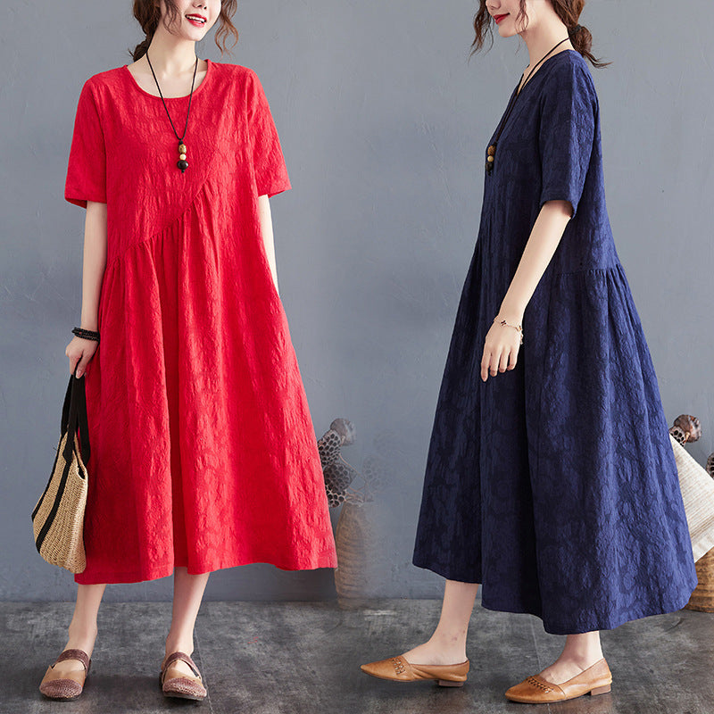 Loose And Simple Jacquard Irregular Large Size Cotton And Linen Dress For Women