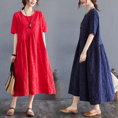 Loose And Simple Jacquard Irregular Large Size Cotton And Linen Dress For Women