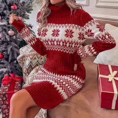 Knitted Red And White High-neck Color-block Sweater Dress