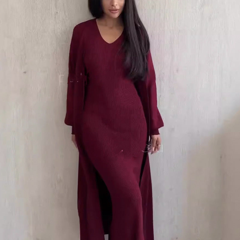 V-neck Elegant Knitted Straight Long Dress Two-piece Set