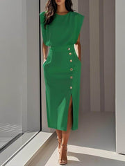 Split Metal Button Dress Women