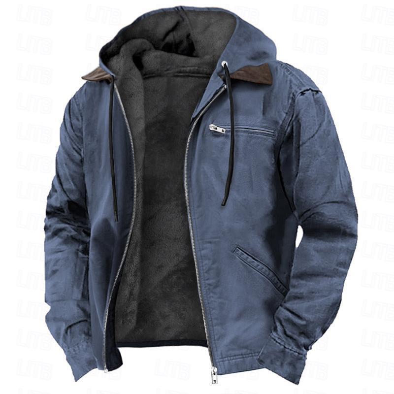 Hooded Coat With Pockets Warm Fleece Zip-up Jacket Casual Outwear Men's Clothing
