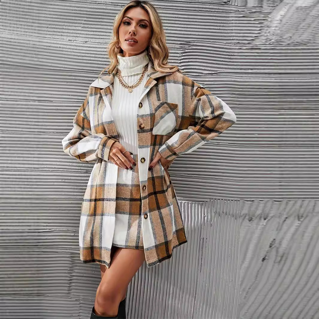 Casual Woolen Plaid Coat Skirt Suit