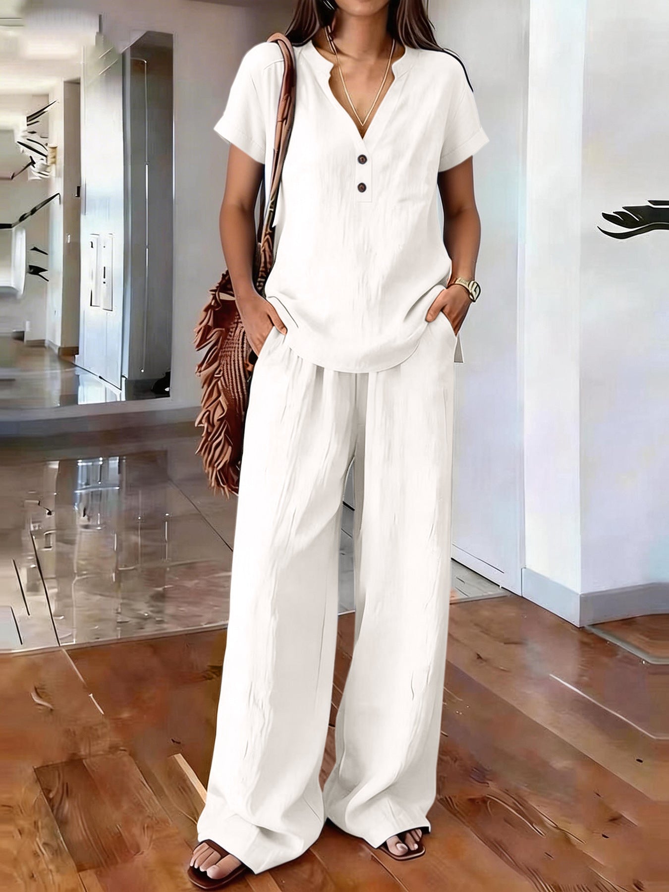 Casual Solid-Colored Cotton And Linen Set
