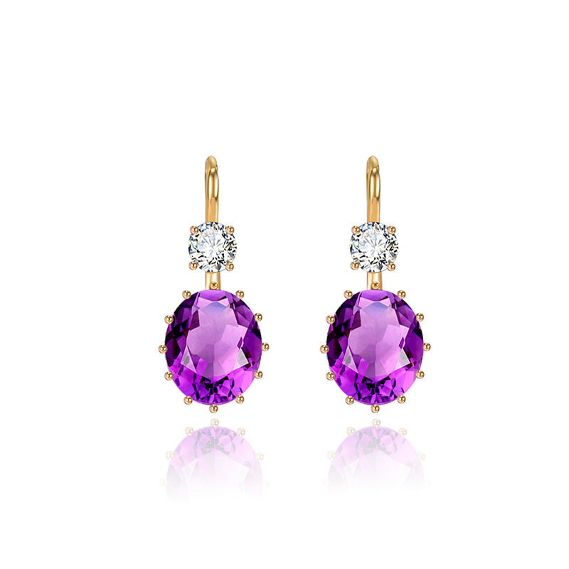 Oval Purple Diamond Zircon 18K Gold Amethyst Earrings